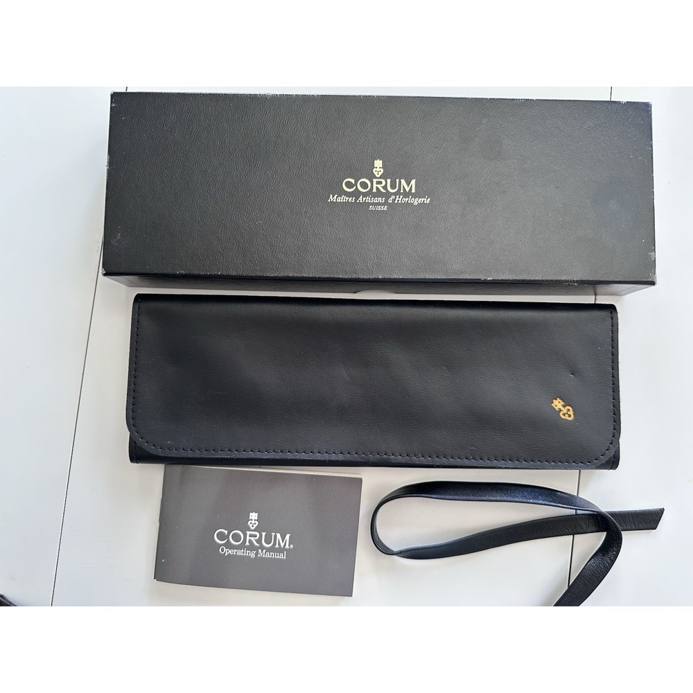 Corum Black Leather Watch Roll Travel Case Jewelry Pouch Gold Logo Tie Closure